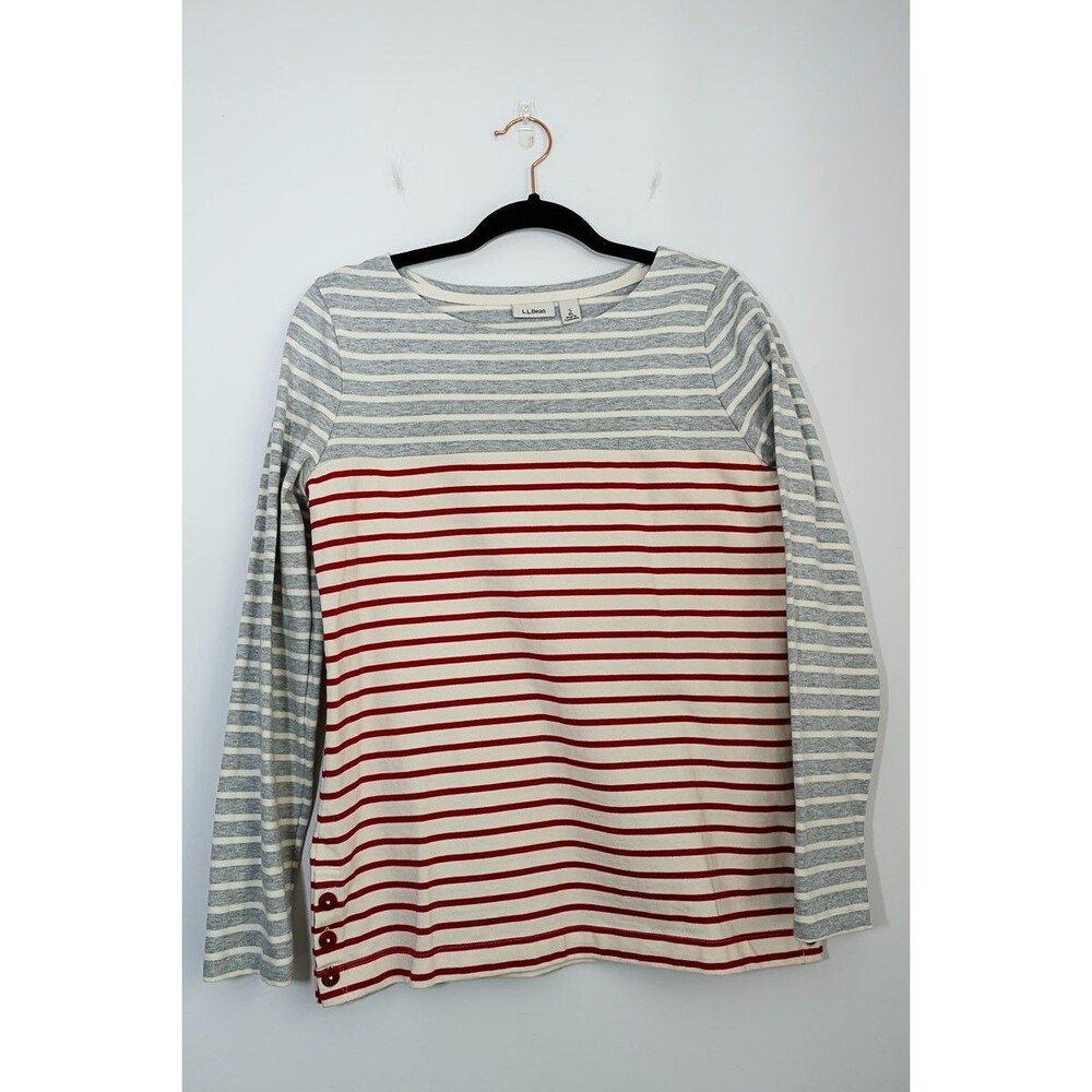L.L.Bean color block striped long-sleeve tee gray red stripes Cotton preppy S